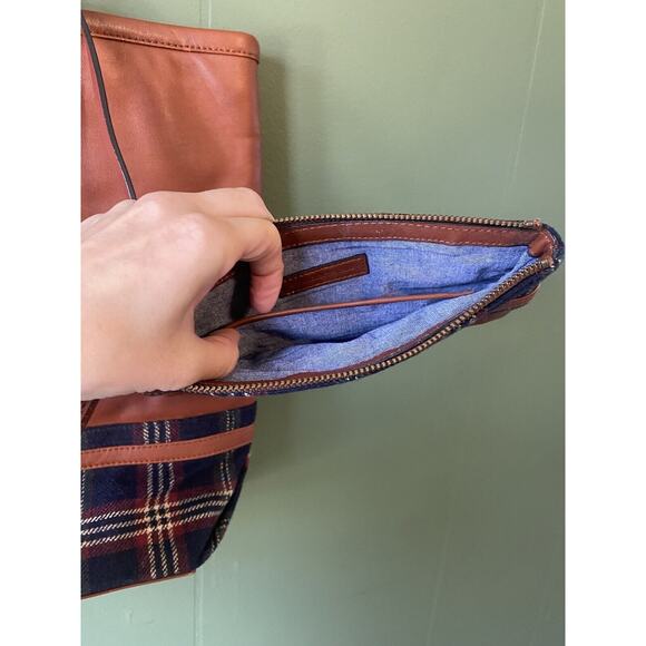 Brooks Brothers 2pc Tote & Wristlet Tan Leather Plaid Tartan Double Shoulder Bag - Picture 2 of 15